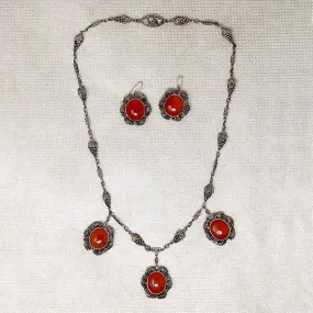 Chinese Carnelian & Filigreed Grapes Necklace & Earring Set