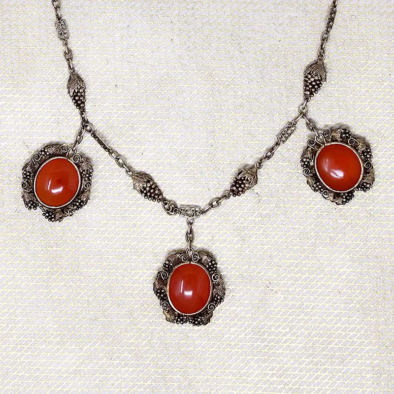 Chinese Carnelian & Filigreed Grapes Necklace & Earring Set