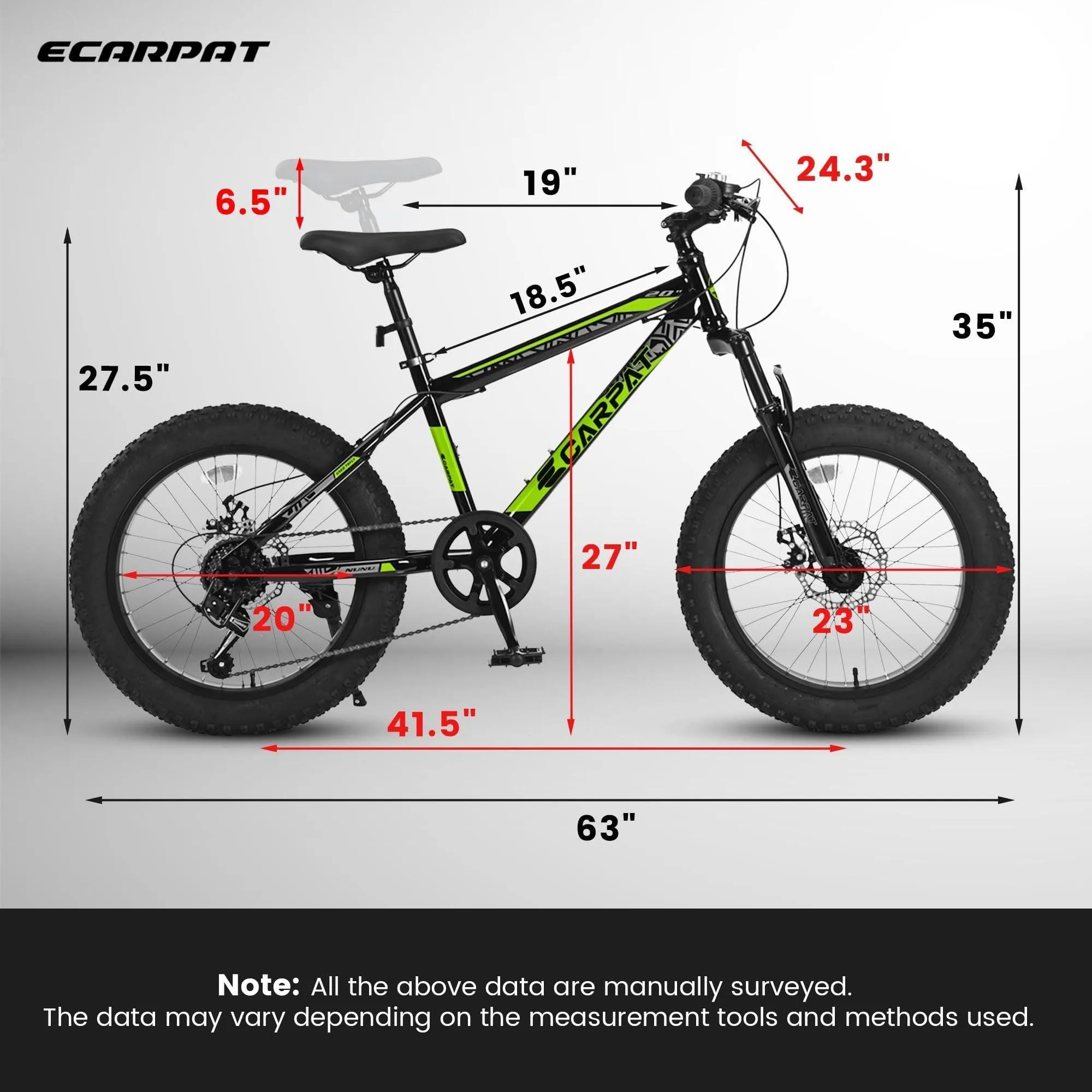 Ecarpat Kids Bike 20 Inch Wheels, 4" Wide Fat Tire Snow Mountain Bike Ages 8-12 Year Old, Steel Frame, 7 Speed Teenager Children Kids' Bicycles