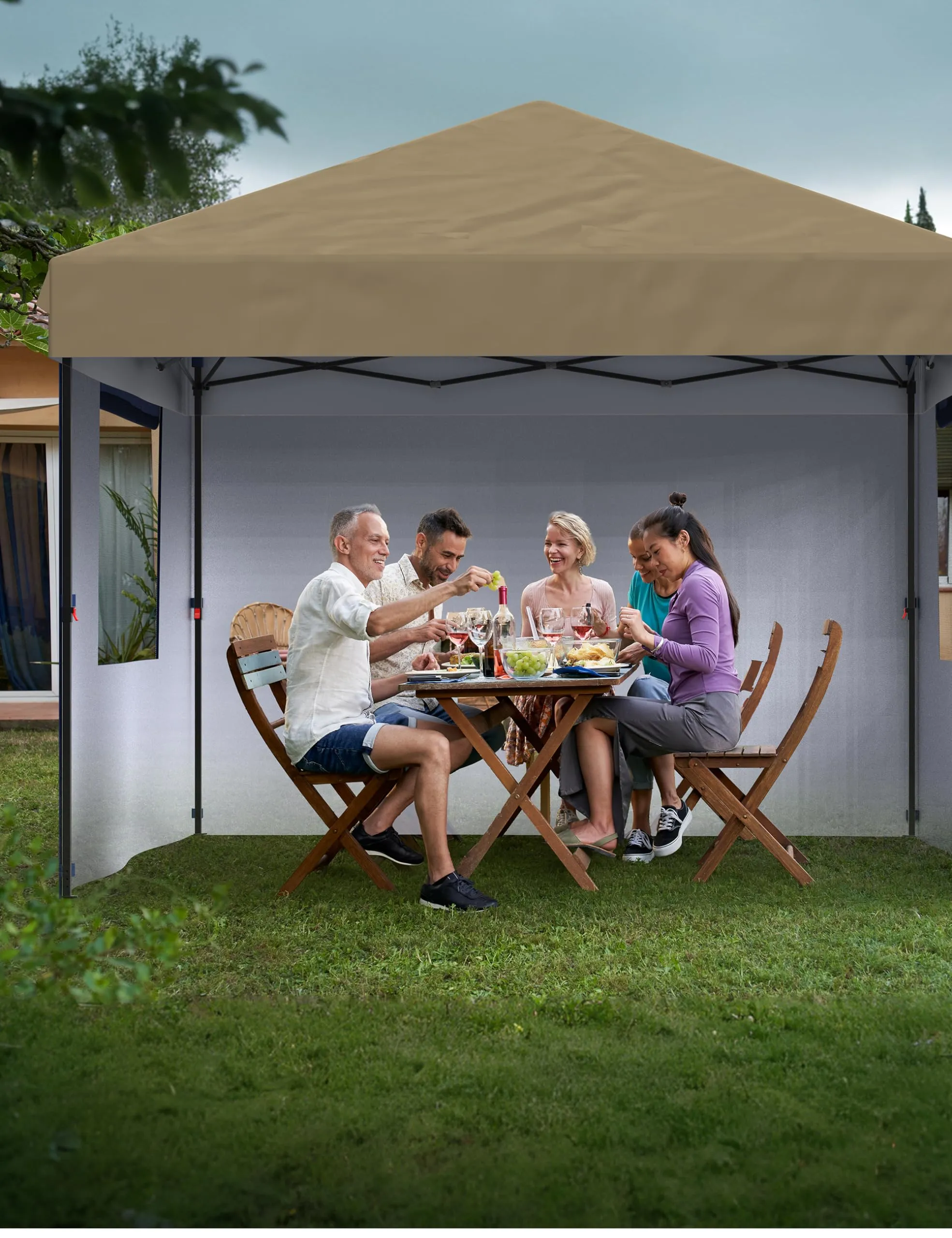 GARVEE 10x10 Ft Pop Up Canopy Tent Easy One Person Set-up, Instant Portable Shelter with 4Pcs Sidewalls 4 Sandbags for Patio, Outdoor Activities (Khaki)