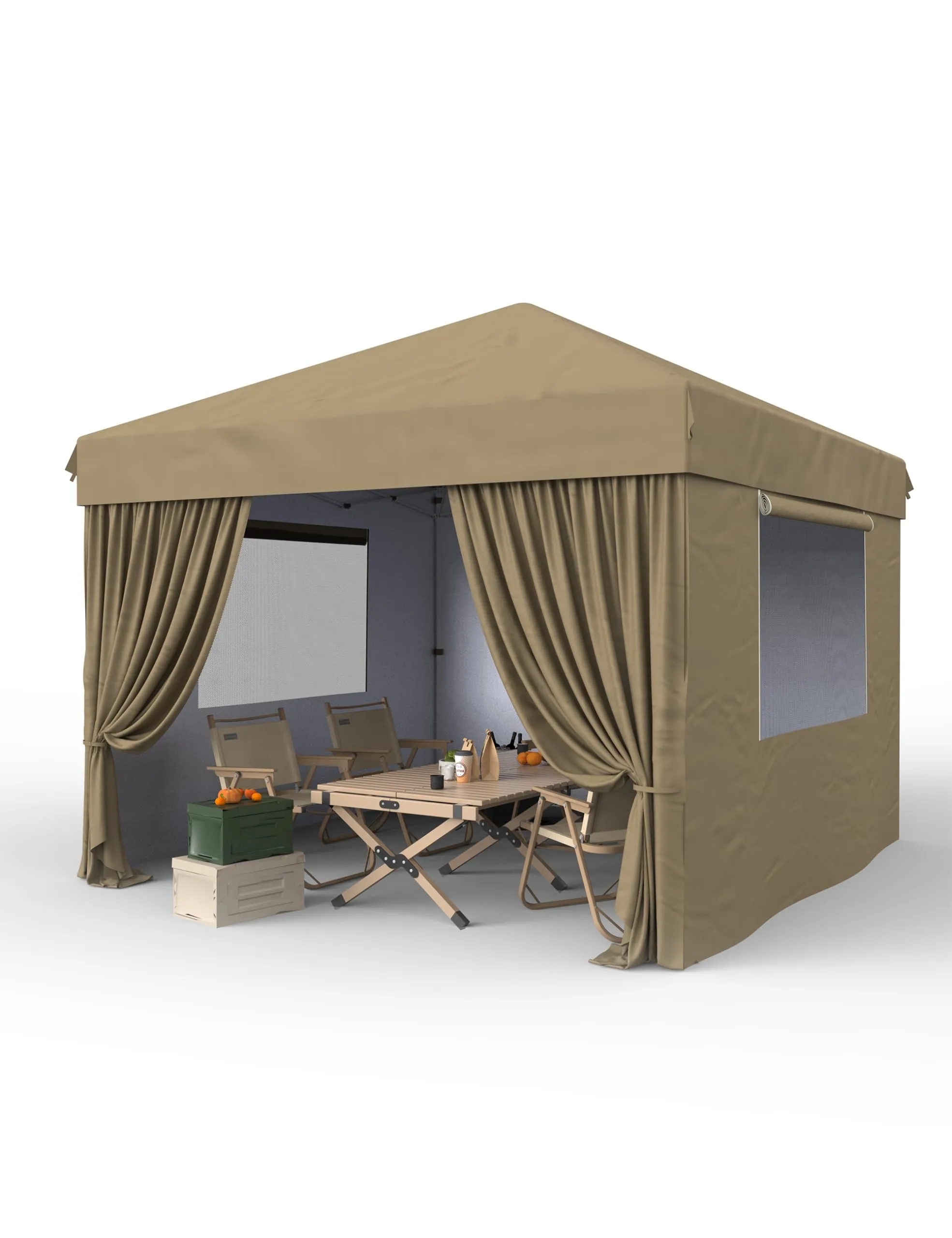 GARVEE 10x10 Ft Pop Up Canopy Tent Easy One Person Set-up, Instant Portable Shelter with 4Pcs Sidewalls 4 Sandbags for Patio, Outdoor Activities (Khaki)