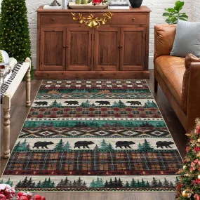 GARVEE Bedroom Area Rug 3x5 Christmas Small Rug Washable Rustic Throw Floor Covers Non-Slip Stain Resistant Boho Rug Xmas Decorative Rug Festival Farmhouse Carpet for Living Room Kitchen, Green