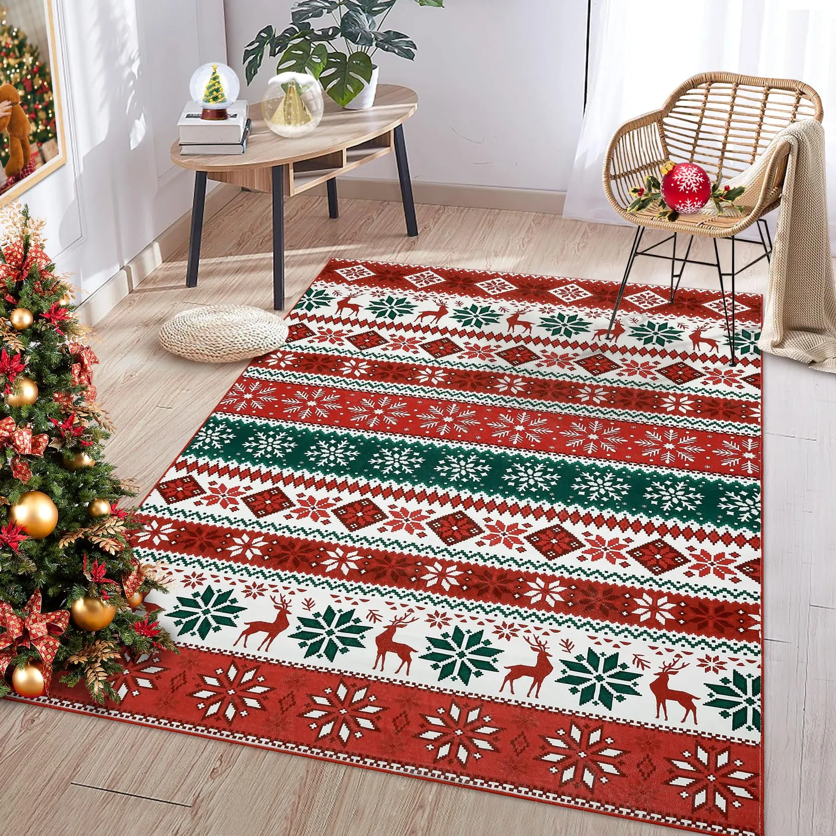 GARVEE Bedroom Area Rug 3x5 Small Boho Rug Christmas Throw Rug Indoor Non-Slip Xmas Floor Covers Farmhouse Rug Geometric Xmas Decorative Area Rug Rustic Festival Carpet for Livingg Room Kitchen, Red