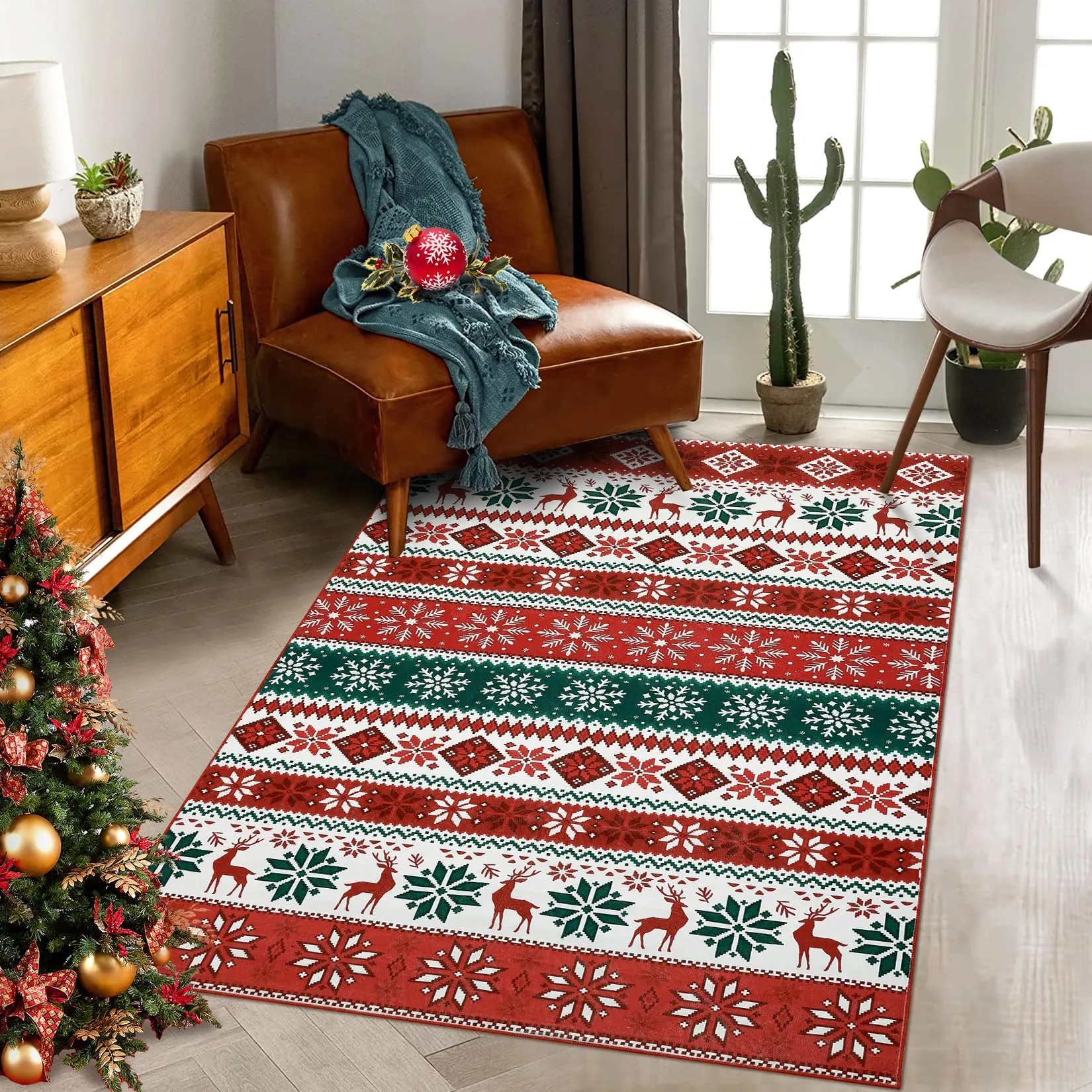 GARVEE Bedroom Area Rug 3x5 Small Boho Rug Christmas Throw Rug Indoor Non-Slip Xmas Floor Covers Farmhouse Rug Geometric Xmas Decorative Area Rug Rustic Festival Carpet for Livingg Room Kitchen, Red