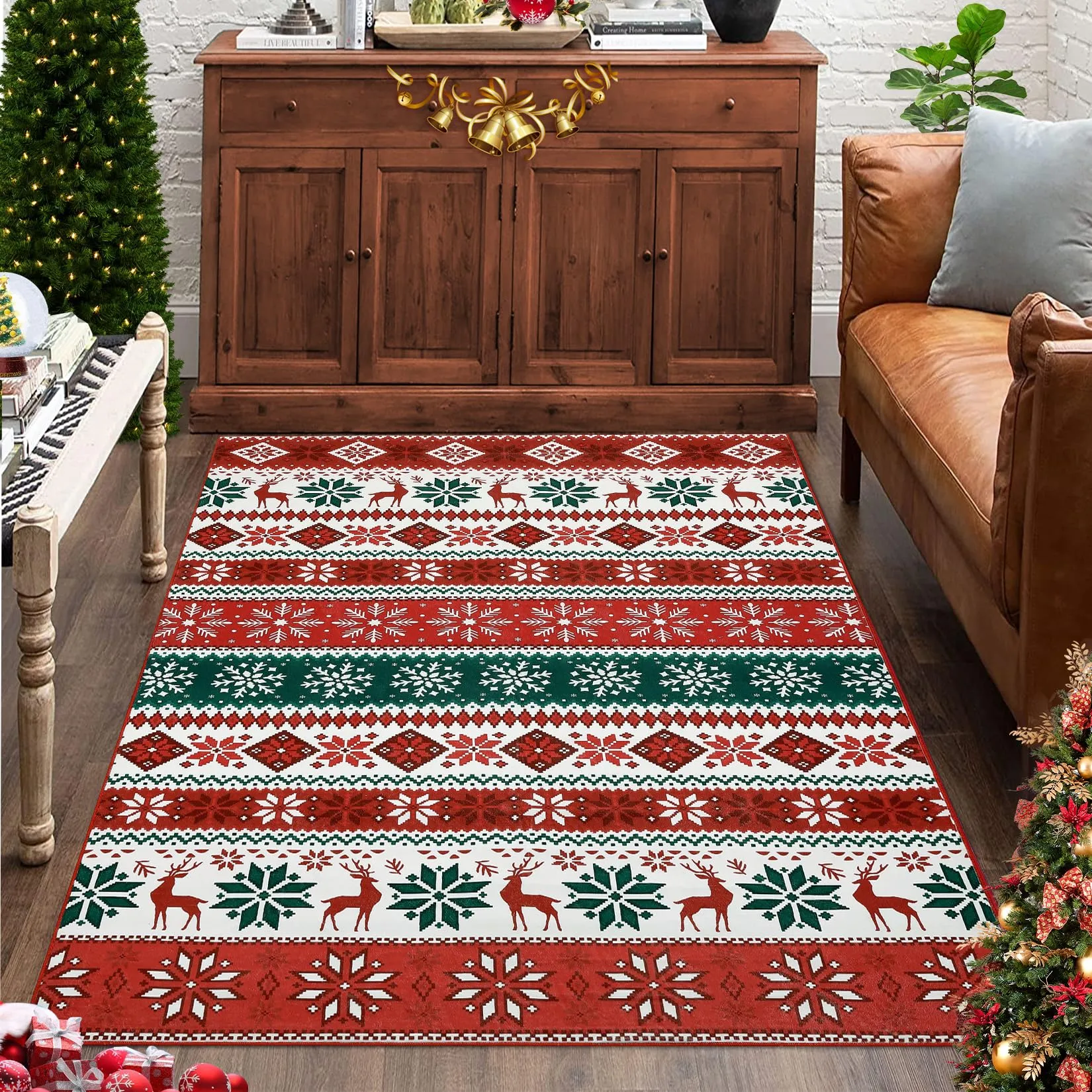 GARVEE Bedroom Area Rug 3x5 Small Boho Rug Christmas Throw Rug Indoor Non-Slip Xmas Floor Covers Farmhouse Rug Geometric Xmas Decorative Area Rug Rustic Festival Carpet for Livingg Room Kitchen, Red