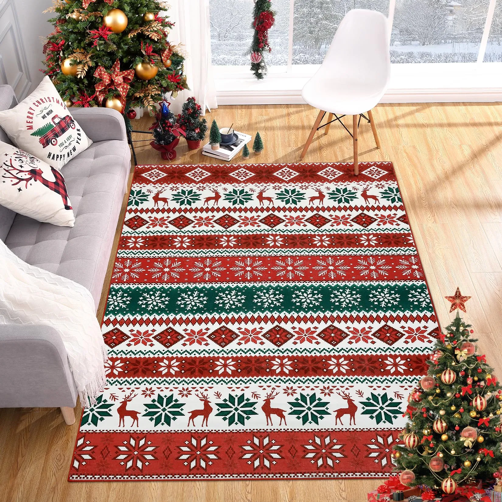 GARVEE Bedroom Area Rug 3x5 Small Boho Rug Christmas Throw Rug Indoor Non-Slip Xmas Floor Covers Farmhouse Rug Geometric Xmas Decorative Area Rug Rustic Festival Carpet for Livingg Room Kitchen, Red