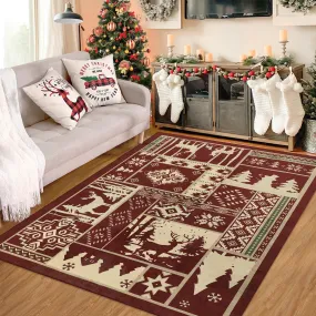 GARVEE Christmas Area Rug Farmhouse Decorative Area Rug Rustic Buffalo Elk Indoor Throw Rug Xmas Area Rug Boho Area Rug Washable Area Rug for Bedroom Living Room Kitchen Nursery, Red 4' x 6'