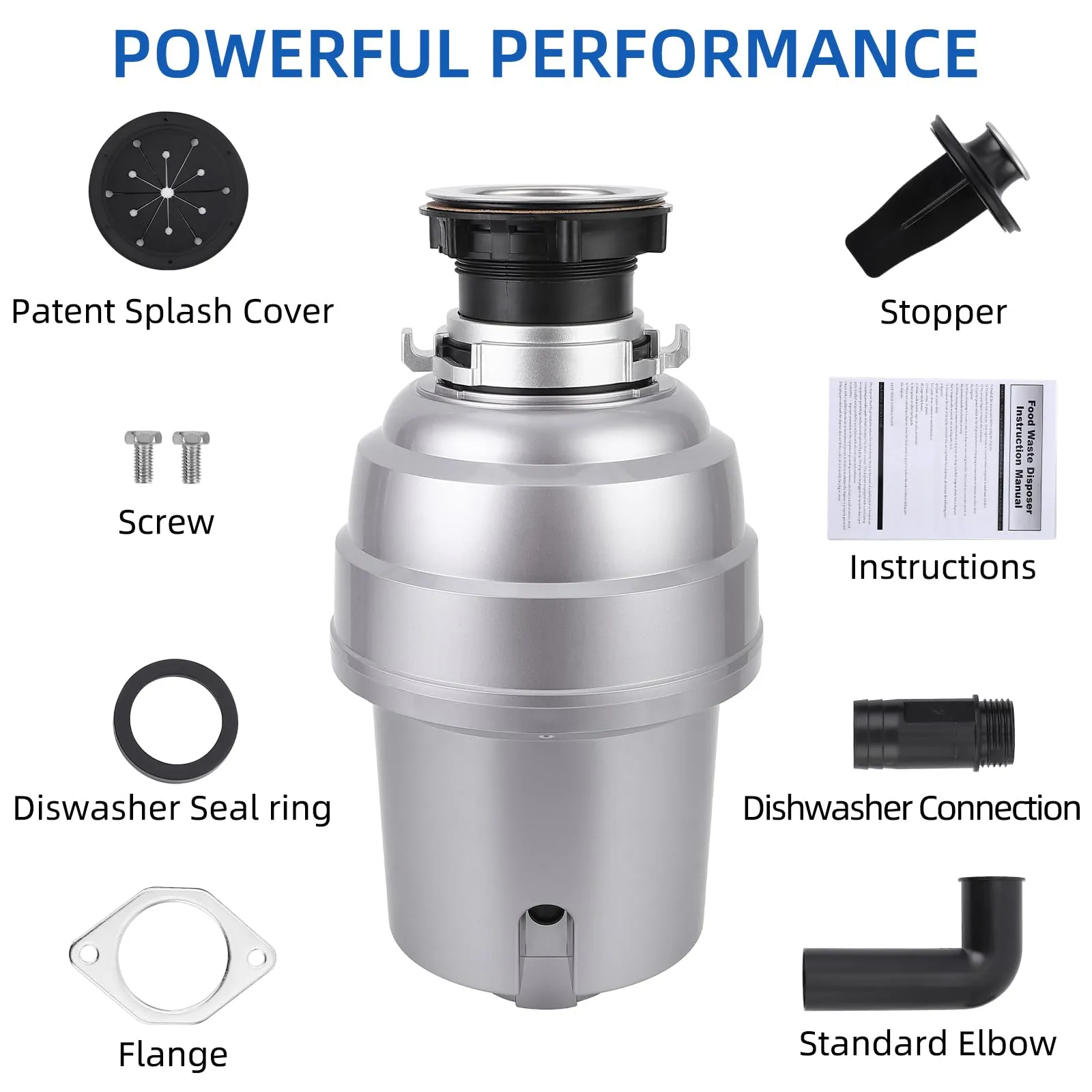 GARVEE Garbage Disposal 3/4 Hp, Continuous Feed Noise Insulation Food Waste Disposal, Stainless Steel 4 Stage Grinding, With Dishwasher Connection, Splash Guard, Elbow, for Kitchen Sink, Silver