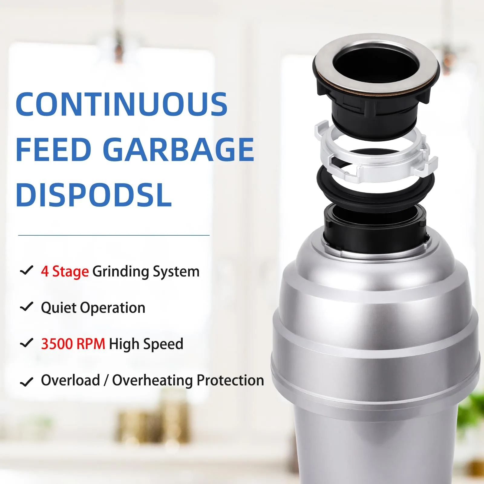 GARVEE Garbage Disposal 3/4 Hp, Continuous Feed Noise Insulation Food Waste Disposal, Stainless Steel 4 Stage Grinding, With Dishwasher Connection, Splash Guard, Elbow, for Kitchen Sink, Silver