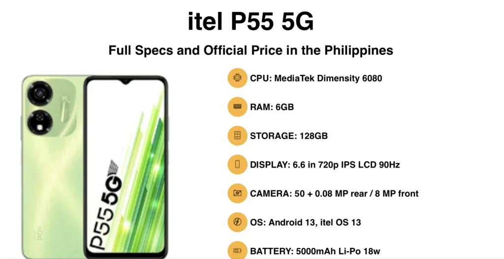 ITEL P55 5G-P661N Android Smart Mobile Phone With 128GB 6GB (Up To 12GB RAM)