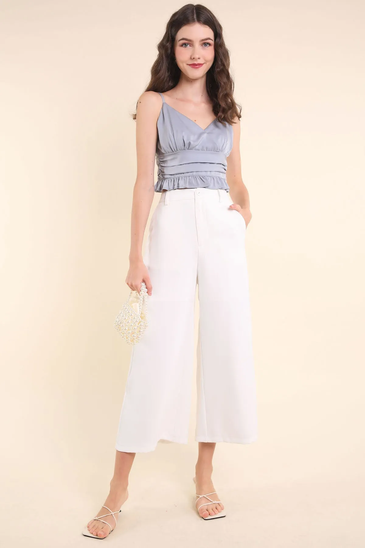 KIARA SWEETHEART SATIN RUCHED TOP IN POWDER SKY