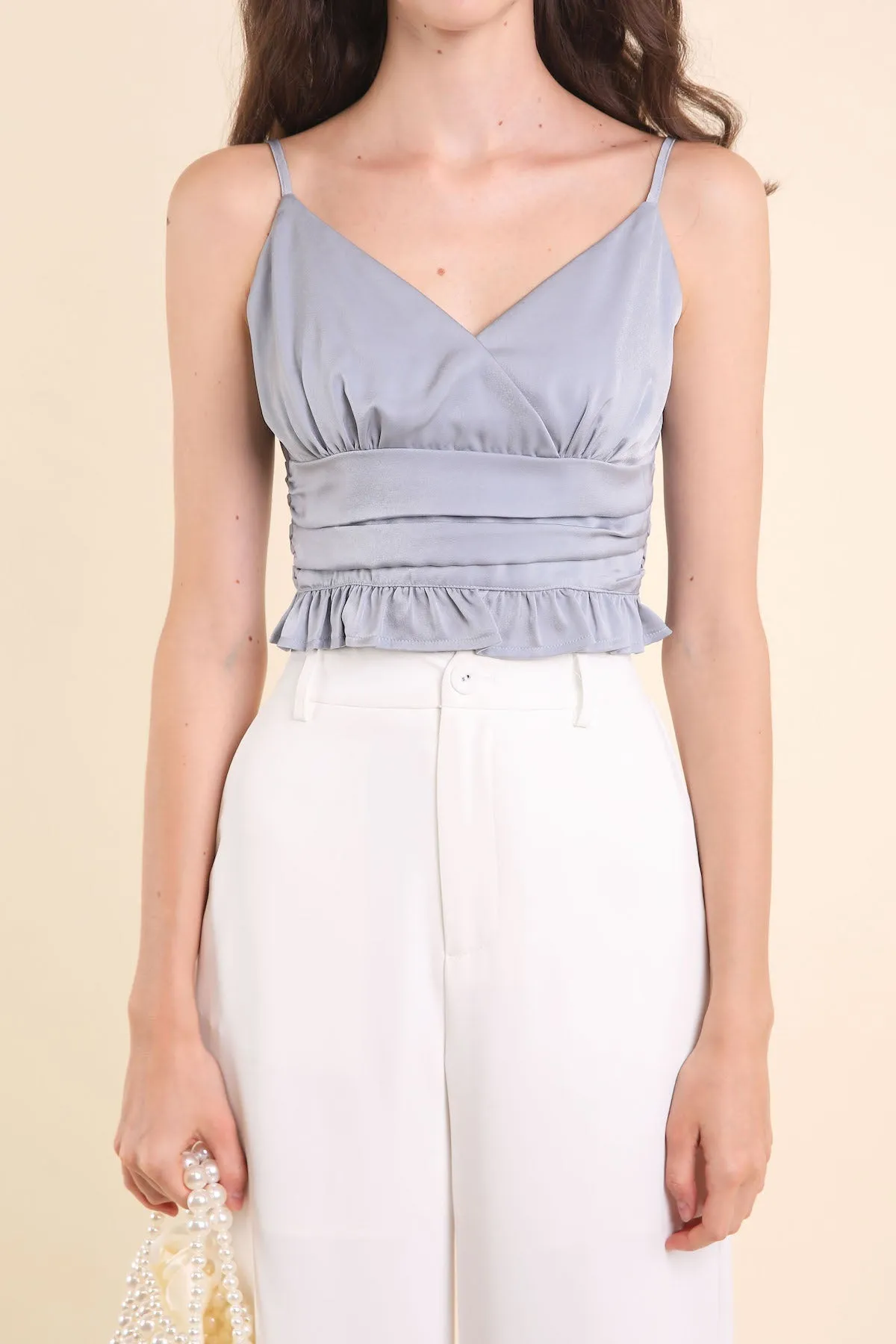 KIARA SWEETHEART SATIN RUCHED TOP IN POWDER SKY