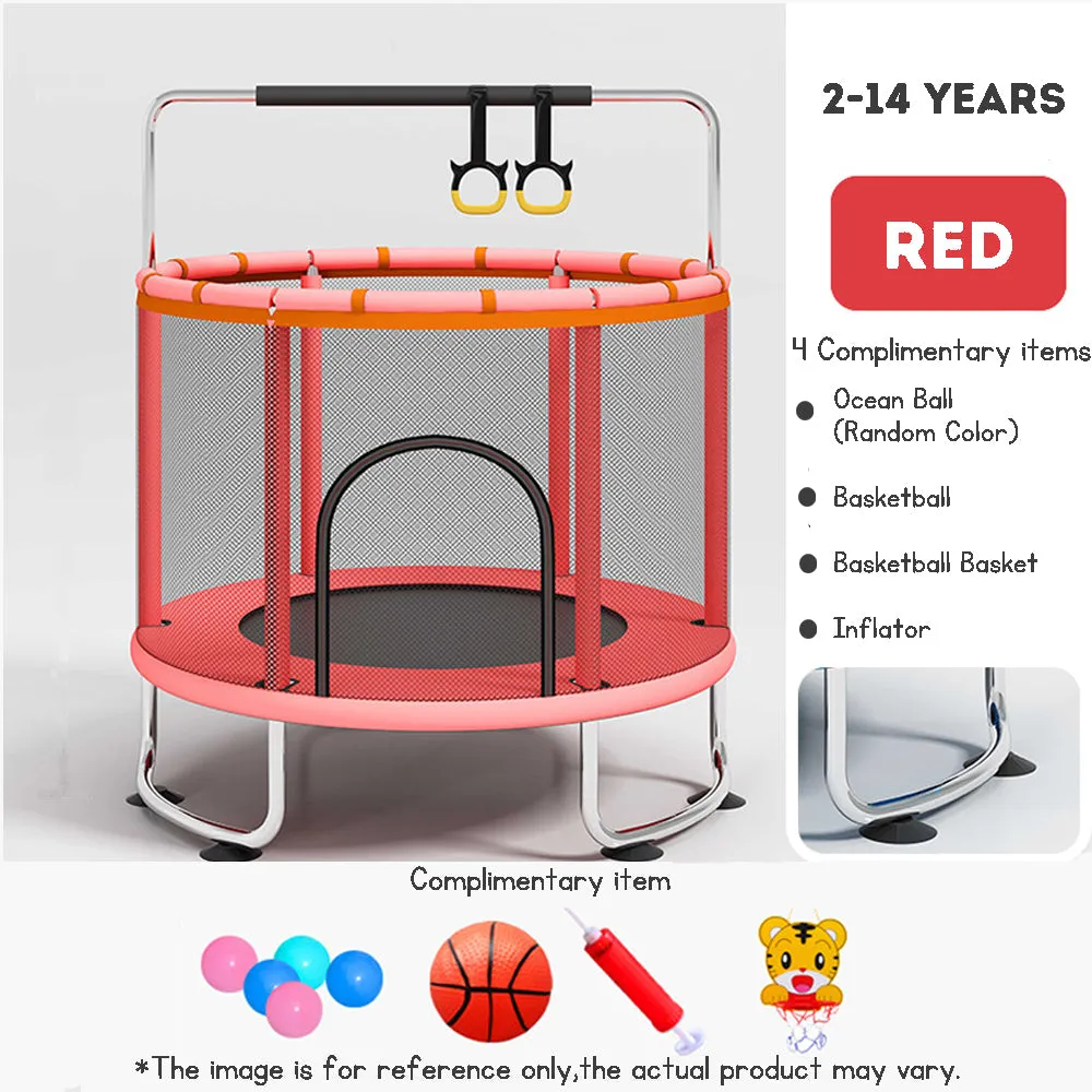 Kid's large trampoline for indoor and outdoor use with handrail silent design safety enclosure netsuitable for kids family use