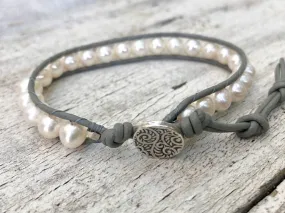 Pearl  Bracelet - Pearl Wrap - Pearl Jewelry - Grey Leather  - Wedding Jewelry - Women's Bracelet - Girlfriend's Gift - June Birthstone